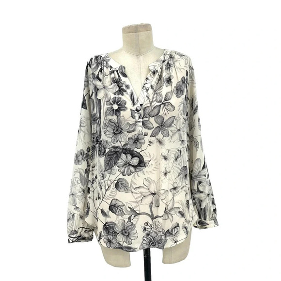 Rebecca Taylor Botanical Floral Blouse Long Sleeve Ivory Cream Silk Size‎ 8 - Picture 1 of 10